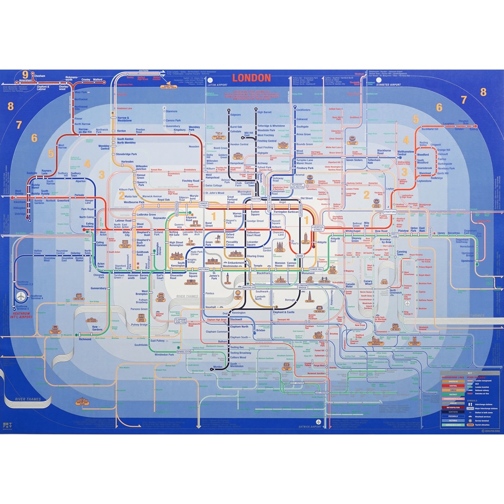 Railway City Map London mit U-bahn System der Stadt und Hintergrund in blautoenen.